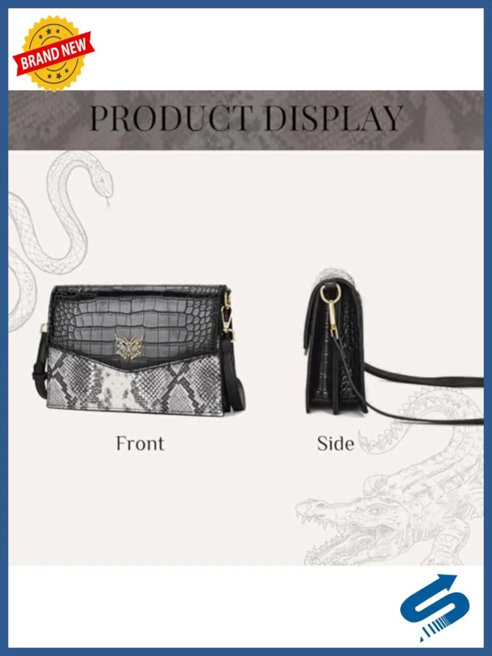 Women Leather Crossbody Purse Bags, Crocodile & Snake Printed Shoulder Bag,